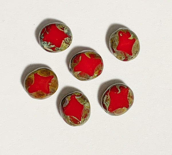 15 Czech glass oval beads - 9 x 8mm red oval with a Picasso finish - carved table cut with a diamond pattern beads C0571