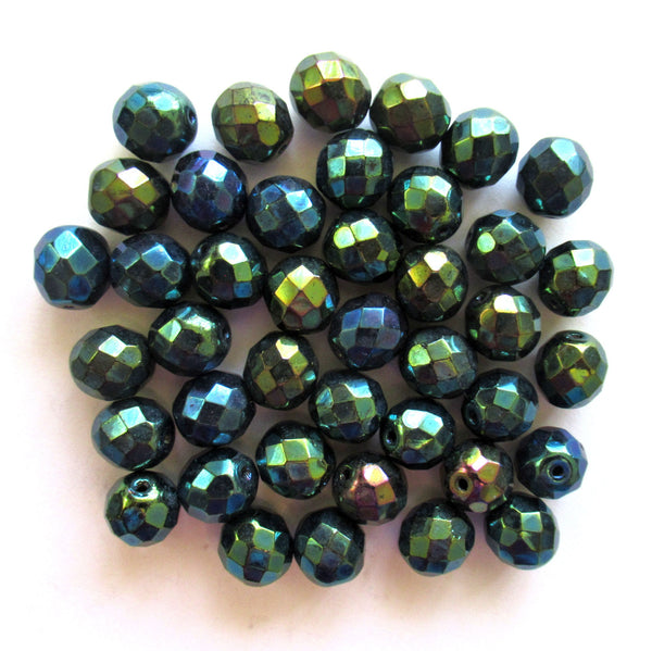 Twenty Czech glass fire polished faceted round beads - 10mm green iris beads C0099