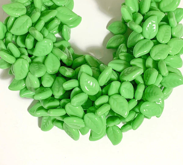 25 Czech glass center drilled eucalyptus leaf beads - 12 x 9mm opaque green leaves - textured pressed glass beads - C0077