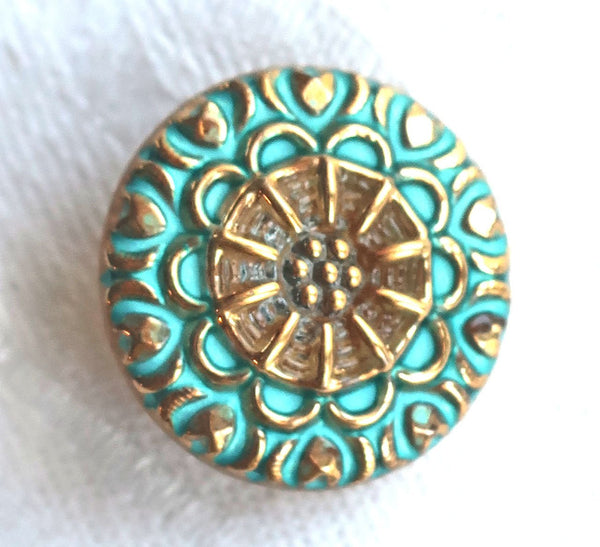 One 18mm Czech glass button, gold patterened button with a turquoise wash, verdigris look, decorative shank buttons 05201 - Glorious Glass Beads
