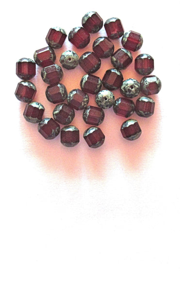 Ten Czech glass faceted cathedral or barrel beads six sides - 10mm fire polished garnet red beads with picasso finish on the ends C0018
