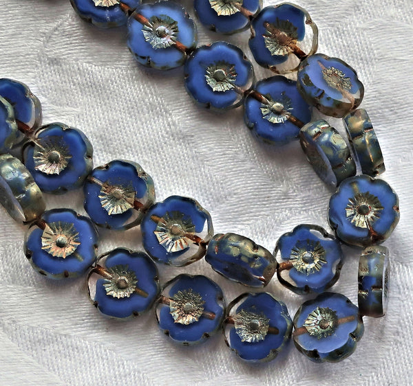 12 Czech glass flower beads - 12mm table cut, carved, sapphire blue & crystal clear picasso Hawaiian floral beads C26101 - Glorious Glass Beads