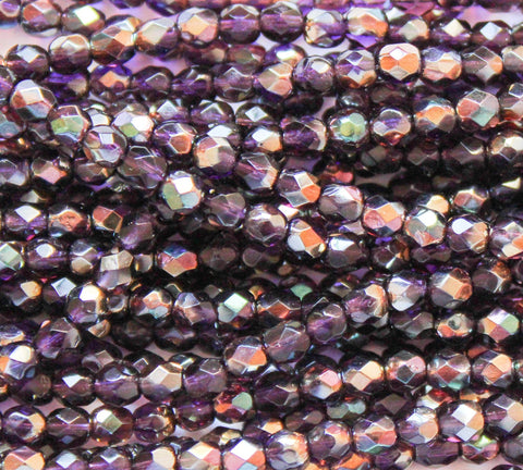 Lot of 50 4mm purple or tanzanite celsian Czech glass beads, round, faceted fire polished beads C0016