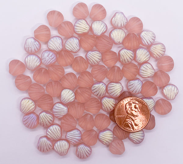 Twenty Czech glass seashell, fan or clam beads - 8mm matte rosaline pink AB shell beads - C0099