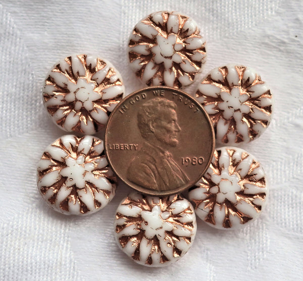 Five Czech glass Dahlia flower beads, opaque white with a copper wash - 14mm floral disc or coin beads C00105 - Glorious Glass Beads