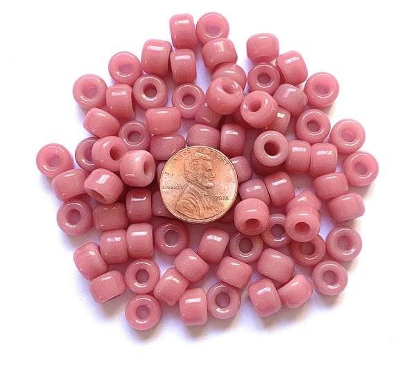 Twenty-five 9mm Czech glass pony, crow, roller beads - translucent milky pink opal large hole beads - C0082