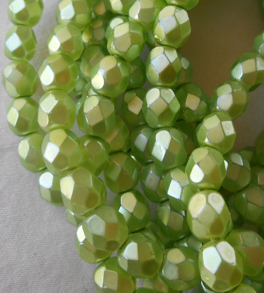 30 6mm Czech glass beads, Pistachio Pearl, Light Green Satin, firepolished, faceted round beads C5830