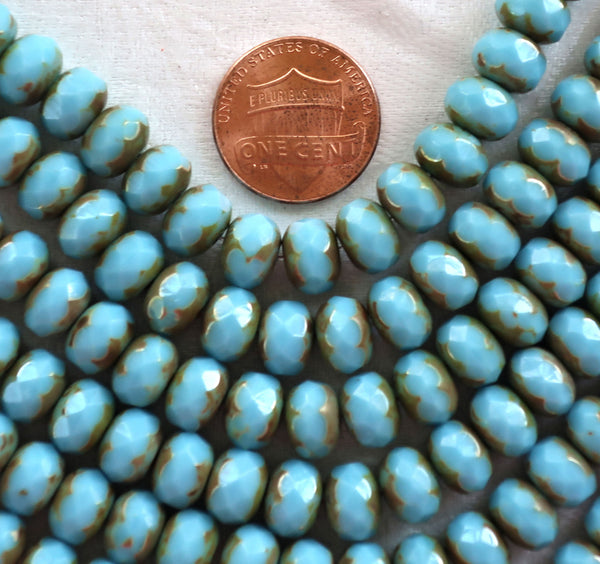 25 6 x 9mm Czech Turquoise Blue Picasso Faceted Puffy Rondelle Beads, blue Czech glass beads C28125 - Glorious Glass Beads