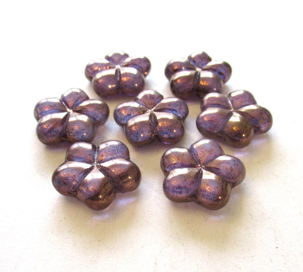 Lot of six 17mm Czech glass flower beads - amethyst, purple pressed beads with an iridescent luster finish - 00351