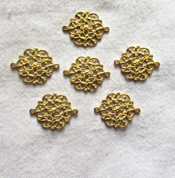 Six raw brass ornate round filigree connectors - brass stampings - 18 x 14mm - made in the USA C22201