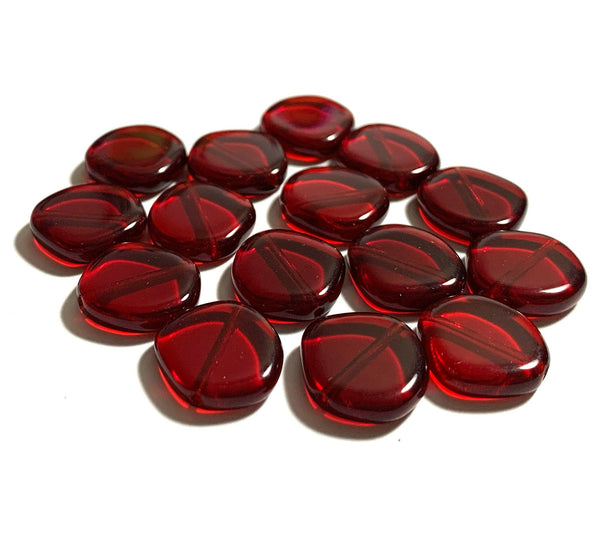 Ten 15mm Czech glass asymmetrical coin or disc beads - light garnet red beads - C0073