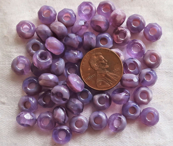 Ten Czech glass faceted roller beads - 8.65mm x 5.32mm opaque & transparent purple, lilac marbled tyre beads - big 3.38mm hole beads C1701 - Glorious Glass Beads