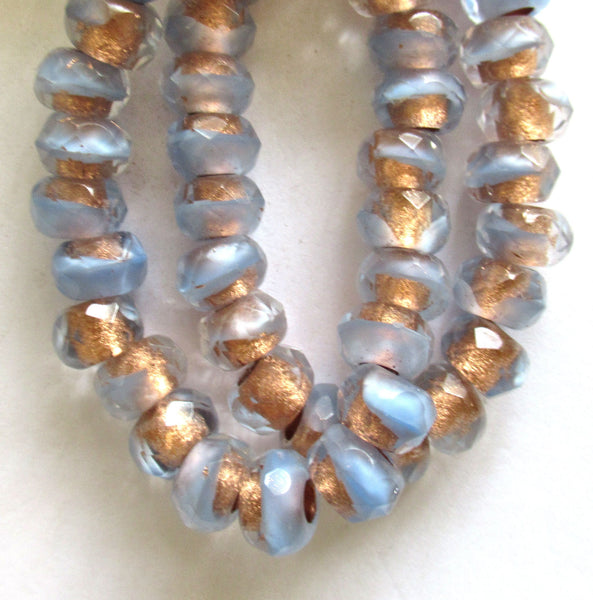 Ten Czech glass roller beads, 8.5 x 5.5mm opaque light blue & crystal copper lined faceted roller, rondelle beads, big 3mm hole beads C00211