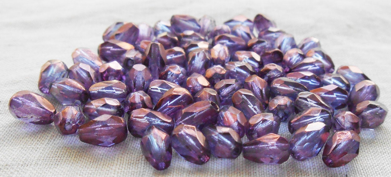 Lot of 25 Lumi Amethyst, Purple teardrop Czech glass beads - 5 x 7mm -  faceted fire polished beads C7501