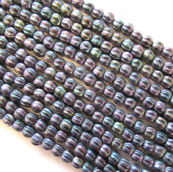 Fifty 5mm Purple Iris Czech glass melon beads, multicolored metallic beads C0701