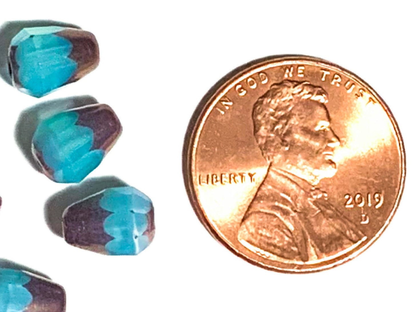 Lot of 15 Czech glass teardrop beads - blue opaline w/ a bronze finish - special cut 8 x 6mm faceted firepolished beads C0051