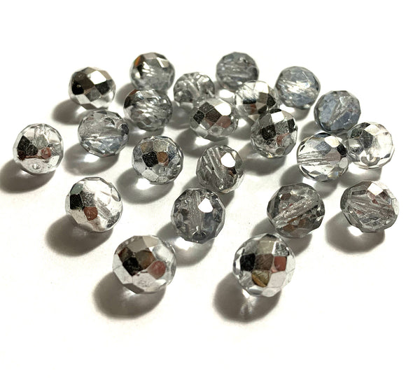 Twenty Czech glass fire polished faceted round beads - 10mm half silver & crystal beads C0029
