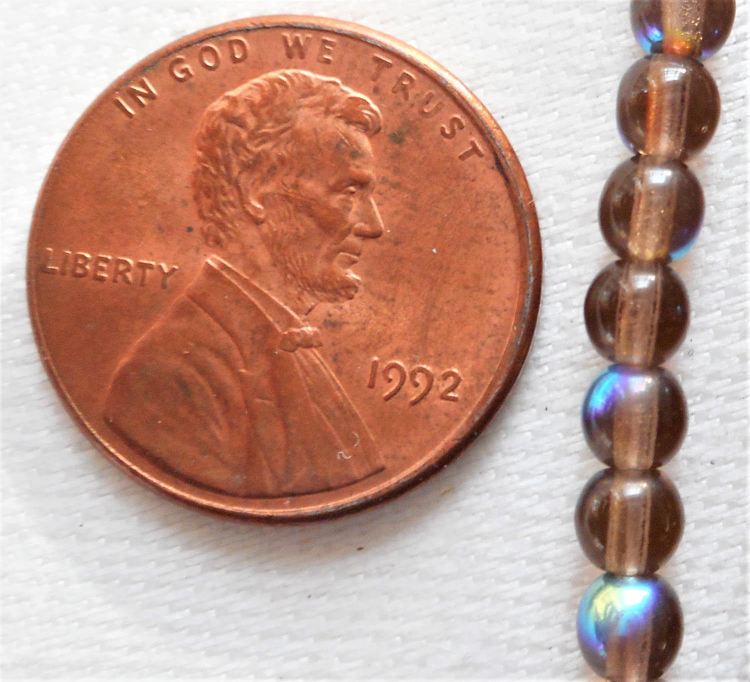Lot of 100 4mm Smokey Topaz AB Czech glass druk beads, brown AB smooth round druks, C7601 - Glorious Glass Beads