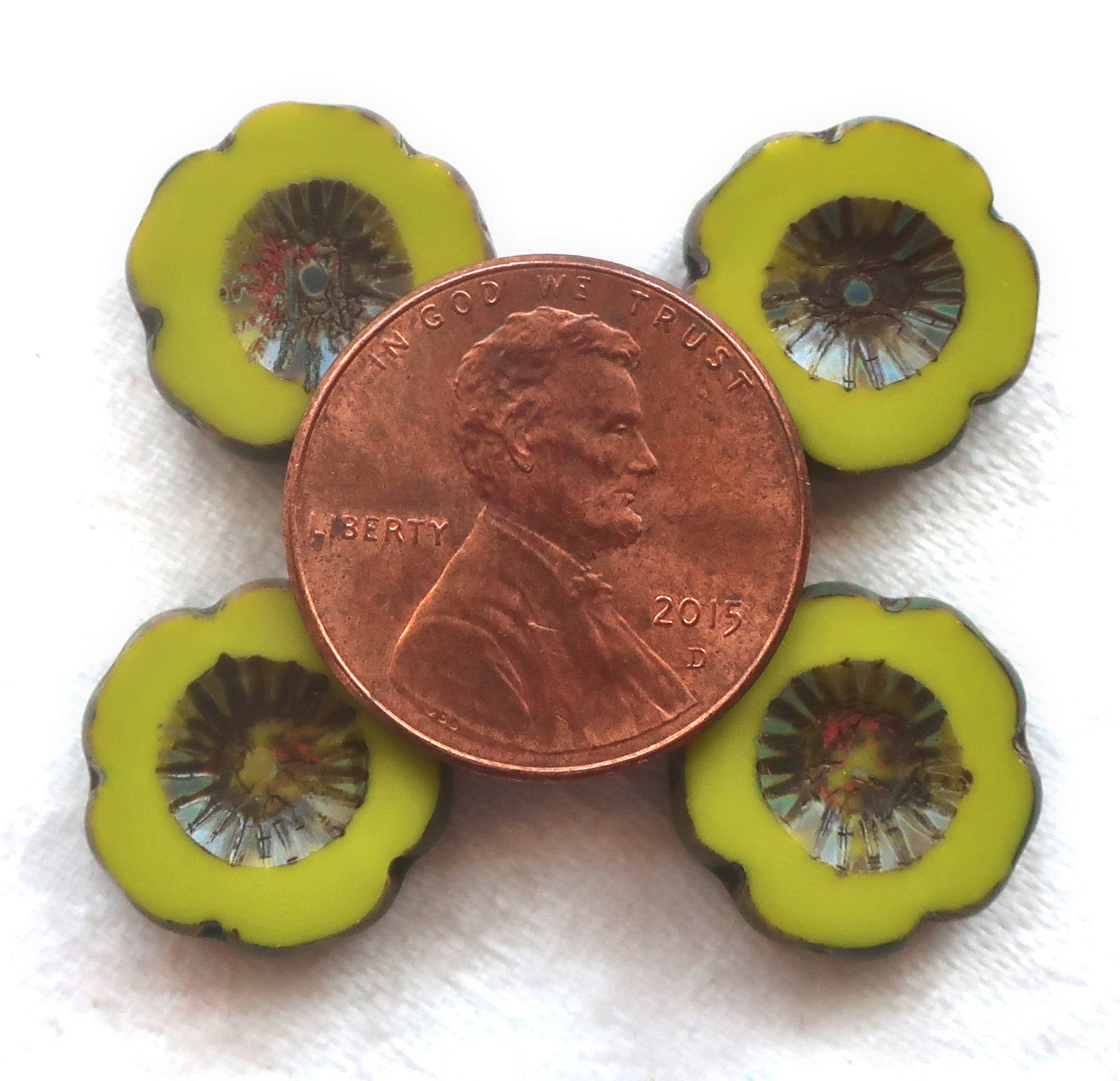 Five 14mm Czech glass beads; Hawaiian Flower beads, table cut, carved, opaque bright avocado, chartreuse green picasso floral beads C00101 - Glorious Glass Beads
