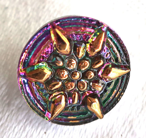 One 13mm Czech glass button with a gold raised star - iridescent pink & green decorative shank button 09101 - Glorious Glass Beads