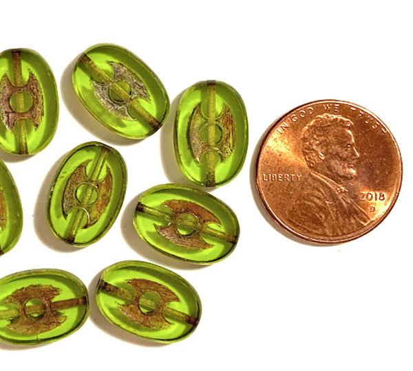 Ten 14 x 10mm rustic oval olivine or olive green picasso, table cut, Czech glass beads with dots front and back C0068