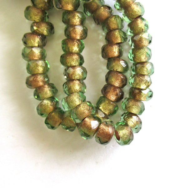 Ten 6 x 9mm Czech glass faceted round roller, rondelle beads - olivine green w/ gold lining - big 3.5mm holes big hole bead C00801