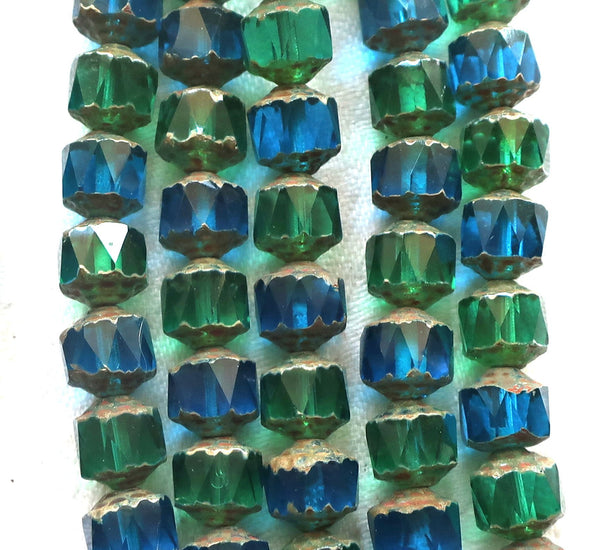 Lot of 10 Czech glass crown picasso beads, 8mm, aqua blue & peridot green mix, faceted, firepolished, antique cut beads C52101 - Glorious Glass Beads