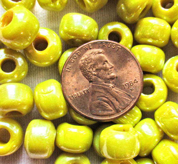 25 9mm opaque bright yellow luster glass pony roller beads, large hole, big hole crow beads, Made in India, C6401