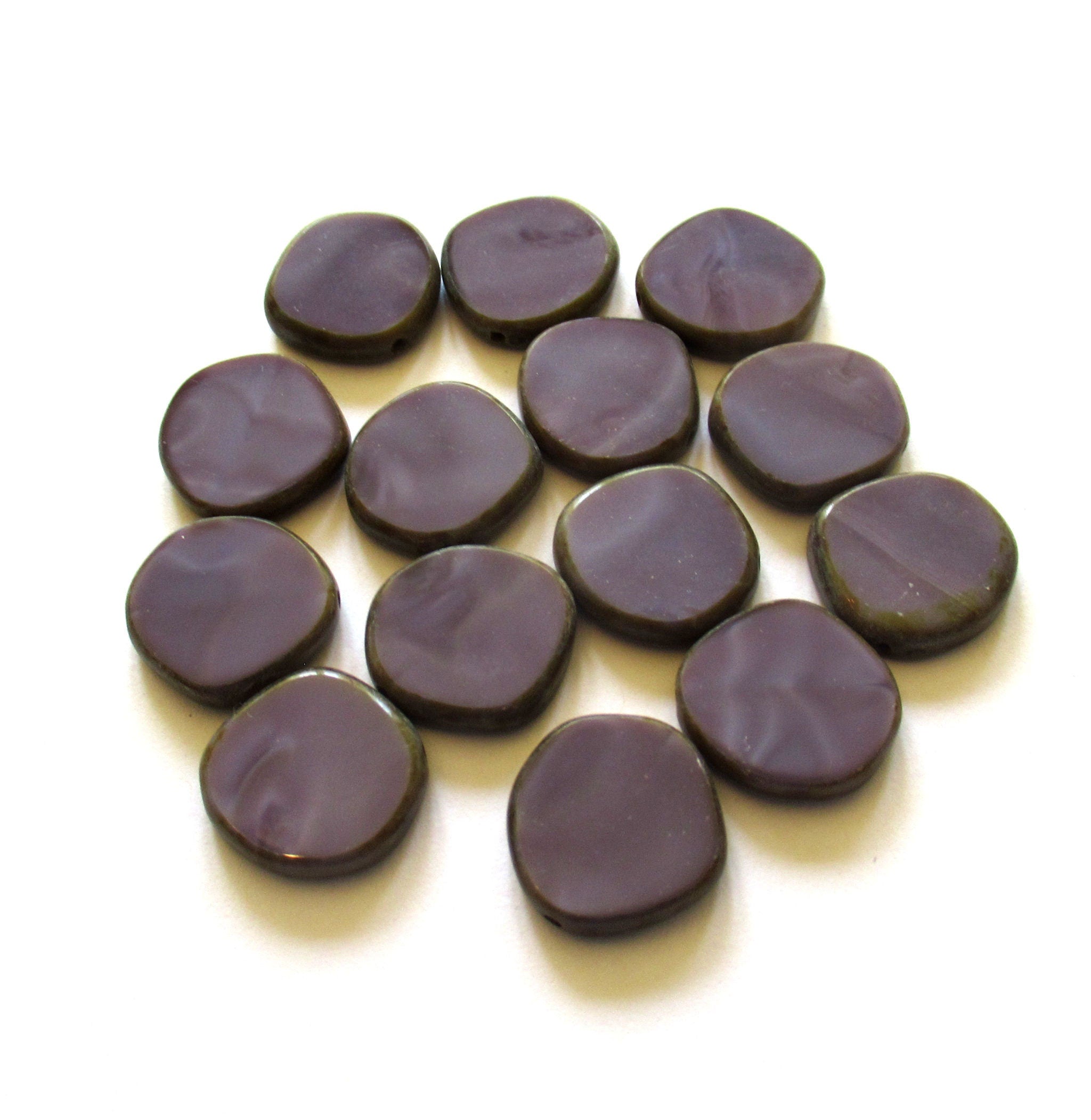 Six 15mm Czech glass asymmetrical coin or disc beads - opaque amethyst / purple silk picasso table cut beads - C00531