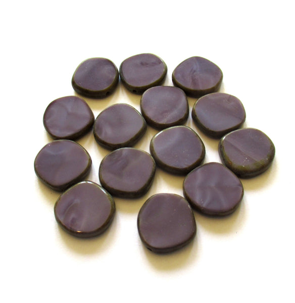 Six 15mm Czech glass asymmetrical coin or disc beads - opaque amethyst / purple silk picasso table cut beads - C00531