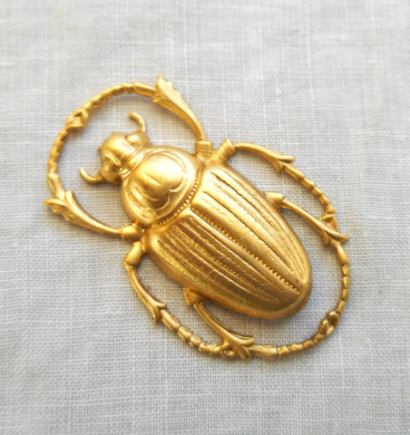 1 raw brass stamping, extra large Victorian beetle, scarab, bug pendant, charm, connector, ornament, 55mm x 34mm, made in the USA C28101 - Glorious Glass Beads