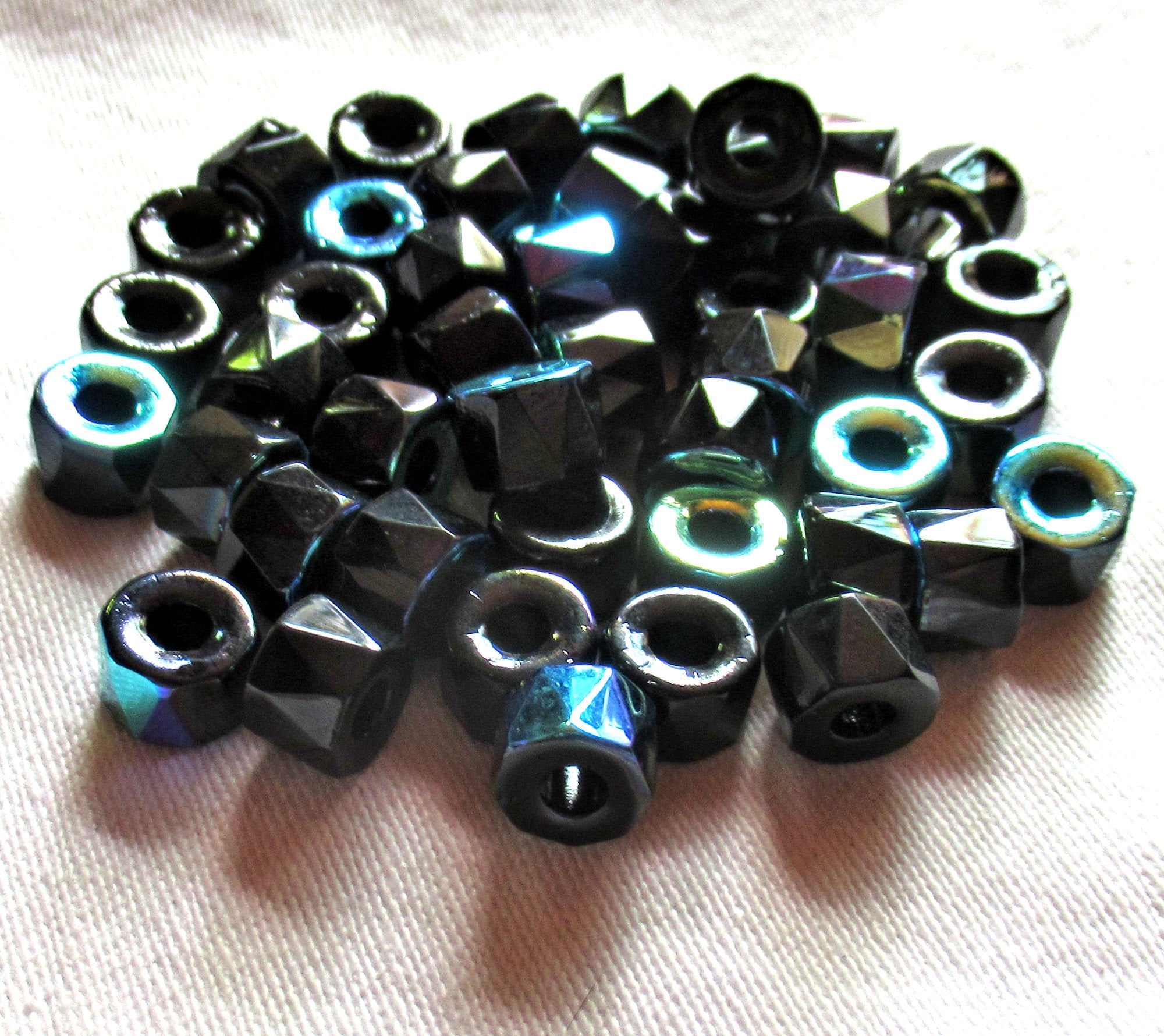 Lot of 25 9mm faceted Czech glass pony roller beads, - fire polished jet black AB large hole beads