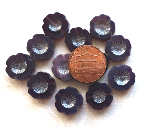 Six 14mm table cut, carved, Czech glass flower beads, translucent amethyst, purple opal with a silver picasso finish, Hawaiian Flowers C8901 - Glorious Glass Beads