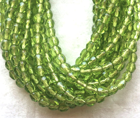Lot of 50 4mm Czech glass beads, olive. olivine green, silver lined, firepolished faceted round beads C5550 - Glorious Glass Beads