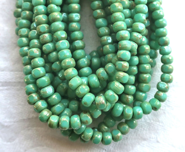 50 4 x 3mm, Tricut, Tri-cut, 3 cut Round Czech glass beads, turquoise green.picasso 6/0 seed beads C66101
