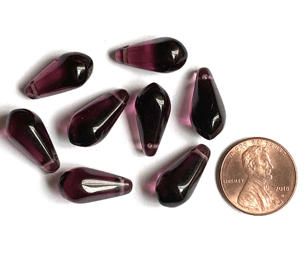 Ten large Czech glass teardrop beads - 9 x 18mm transparent amethyst purple pressed glass side drilled faceted drops six sides C0063