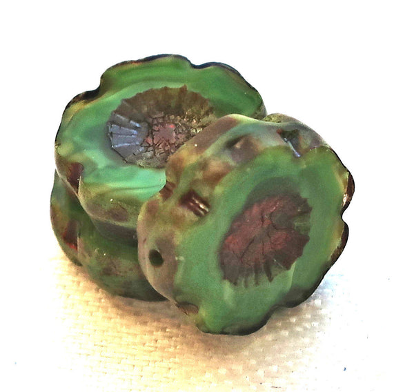 Six 14mm table cut, carved, opaque marbled forest green satin picasso Czech glass beads; Hawaiian Flower beads C9806 - Glorious Glass Beads