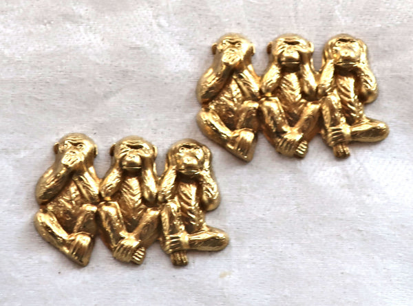 Two sets three monkeys; speak, see & hear no evil monkey raw brass stampings, lucky monkyes pendants, charms, 18.5 x 12mm, USA made C4902