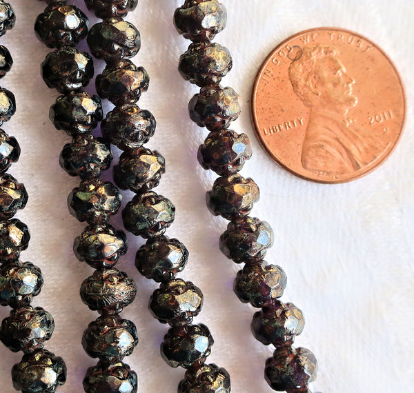 Lot of 25 Czech glass rosebud beads - tanzanite bronze picasso - 5 x 6mm - faceted - firepolished - antique cut beads C1801 - Glorious Glass Beads