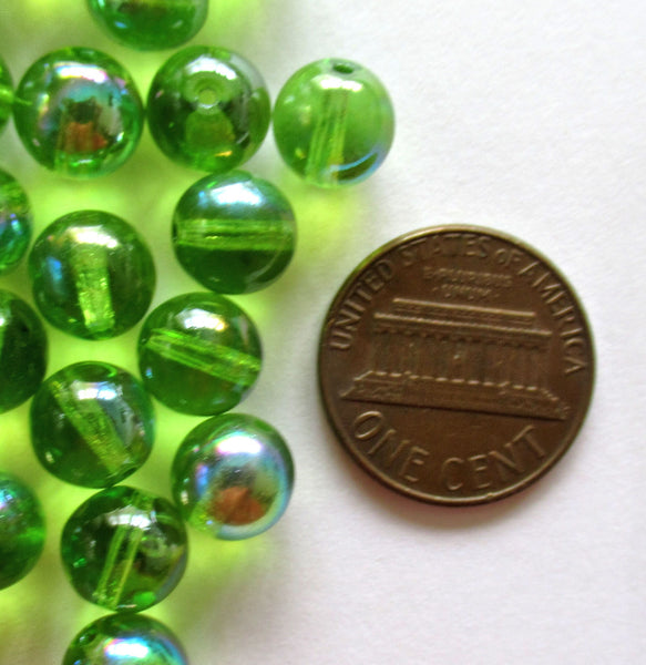 Lot of 25 8mm Czech glass druks, peridot green ab smooth round druk beads C0023