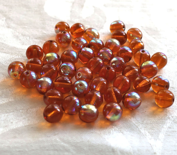 Lot of 25 8mm Topaz AB Czech glass druk beads, dark amber AB smooth round druks, C6201 - Glorious Glass Beads