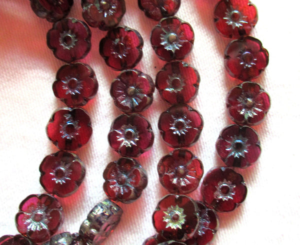 Ten 10mm Czech glass table cut, carved, purple or amethyst picasso Hawaiian flower beads C20101