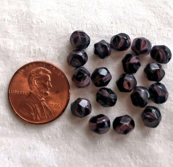 25 6mm Czech glass faceted round beads, Dark opaque amethyst. purple & white Swirl, marbled firepolished beads, sale price C35925 - Glorious Glass Beads