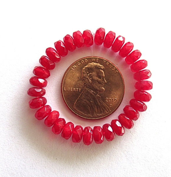 30 small picasso puffy rondelle beads - 3mm x 5mm translucent red opaline faceted Czech glass rondelles 00131
