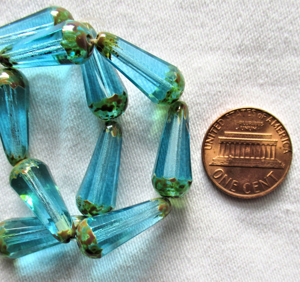 Six Czech glass long faceted teardrop beads - transparent aqua blue w/ picasso finish on the ends - 9 x 20mm elongated tear drops 19106