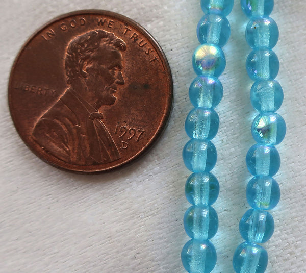 Lot of 100 4mm Czech Aquamarine, Aqua AB Czech glass druks, smooth round druk beads C7601 - Glorious Glass Beads