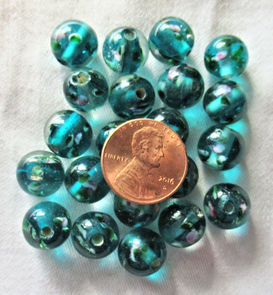 Lot of ten 10mm teal blue green smooth round floral druk beads - made in India glass flower druks C5901