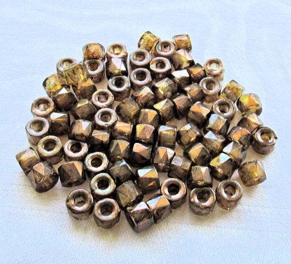 50 6mm Czech glass pony beads - Lumi Brown crow, roller beads - large hole iridescent brown faceted fire polished beads, C15150 - Glorious Glass Beads