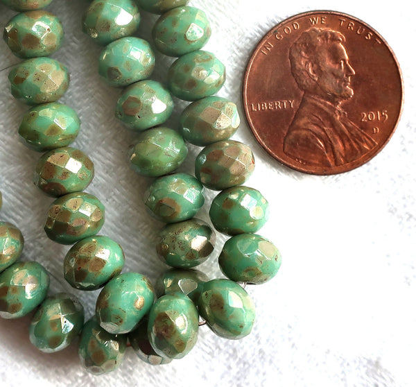 Lot of 25 Czech glass puffy rondelles - Opaque Light Turquoise Green Bronze Picasso faceted rondelle or donut beads - 5 x 7mm C00201 - Glorious Glass Beads