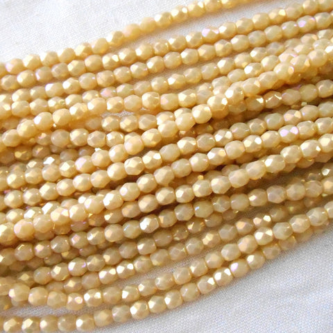 50 3mm Czech glass beads, Opaque, Off White, Antique Beige Luster Iris, firepolished, faceted round beads C3550